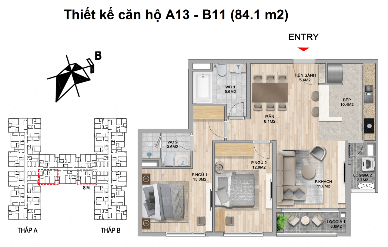 thiết kế căn hộ 2 ngủ 84.1 m2