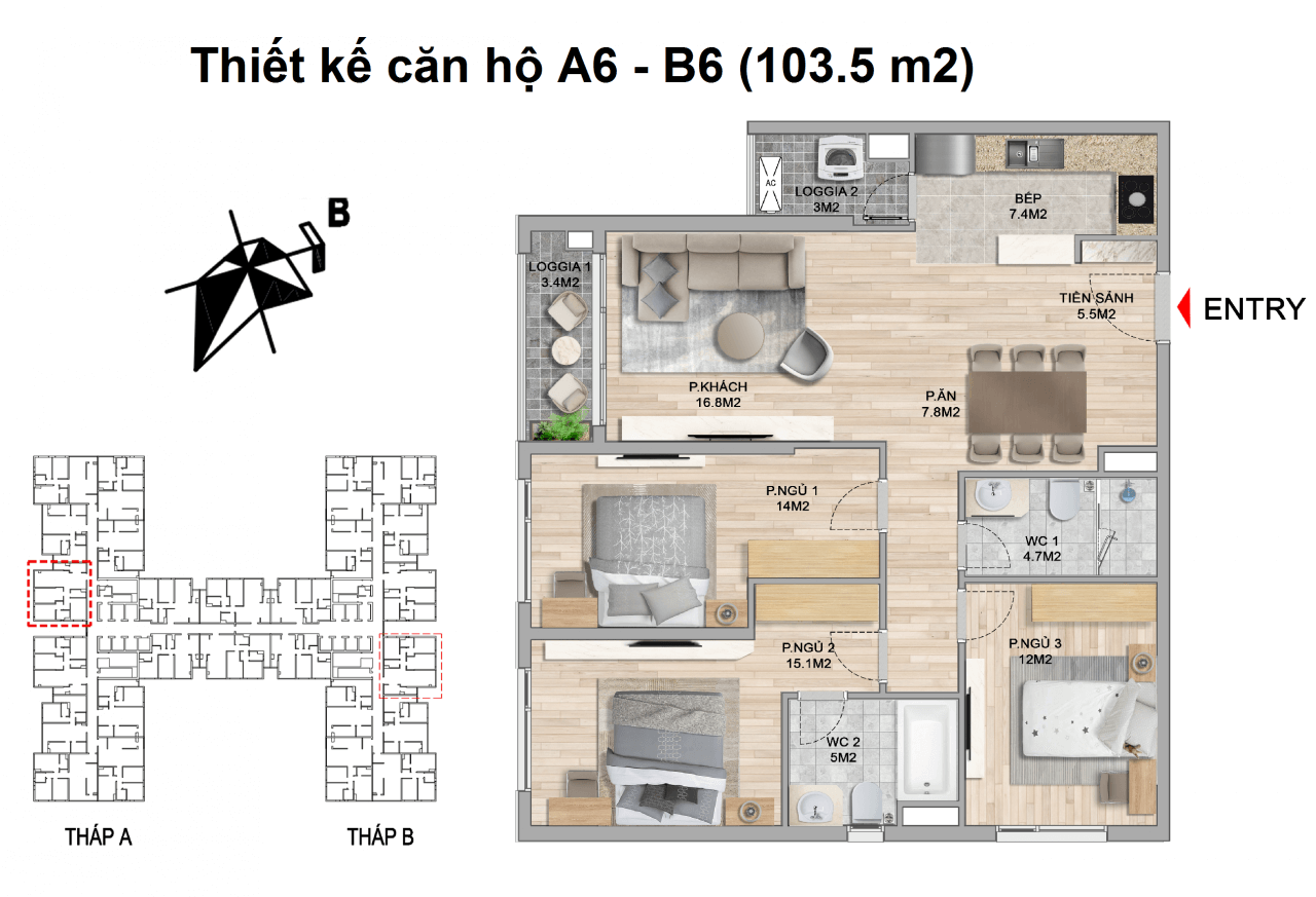 thiết kế căn hộ 3 ngủ 103.5 m2